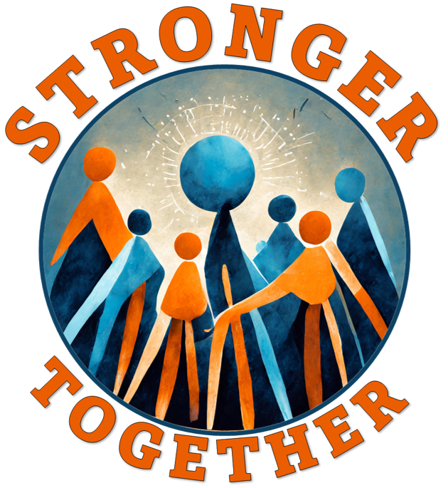 Circle including abstract figures in blue and orange with text "Stronger together" surrounding circle